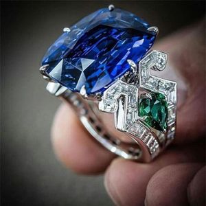 Vintage Fashion Jewelry 925 Sterling Silver Cushion Shape Blue Sapphire CZ Diamond Gemstones Water Drop Emerald Women Wedding Band3138