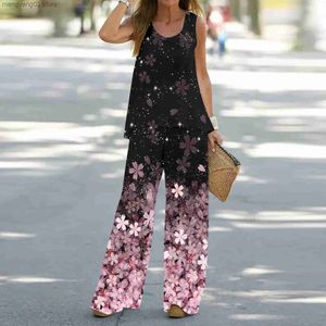 Calças femininas de duas peças Mulheres estampa floral 2 peças calças define verão streetwear sem mangas regata calças largas perna conjunto boho casual roupas soltas t231027