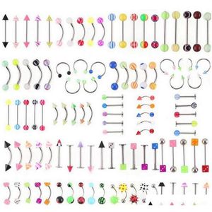 Anelli per ombelico Intera promozione 110 Pz Modelli misti Colori Set di gioielli per il corpo Resina Sopracciglio Ombelico Pancia Labbro Lingua Naso Piercing Bar320i