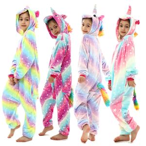 Pyjamas Girls Pink Dinosaur Animal Pyjamas Barn Flanell Övergripande Jumpsuit Kids Unicorn Panda Onesies för 4 6 8 10 12 år 231027