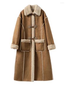 Kvinnor läder höst vinter kvinnor faux mocka jacka lamm ull chamois coat casual lady lapel horn knapp långt utkläder