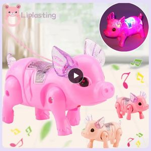 RC Robot Electric Pulling Rope Pig Batteries Powered Luminous Music Walking Toy Pets Interactive Toys With Light For Children Gifts 231027