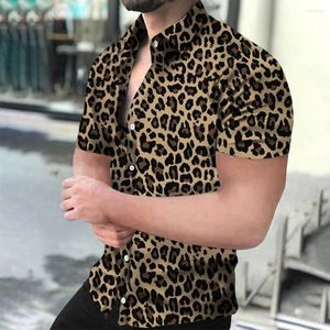 Erkek sıradan gömlekler 2023 moda leopar baskı gömlek düğmesi kısa kollu seksi sokak giymek retro el yaz