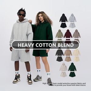 Partihandel tung bomullsblandning fleece tröja unisex blank vanlig hoodie träning tröjor tröja höst vinter pullover hoody aktiva kläder toppar shorts