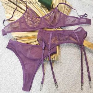 Bras setleri 3pcs örgü tangalı iç çamaşırı seti şeffaf g-string bayanlar seksi iç çamaşırı setleri dantel balette dişi moda jartiyer iç çamaşırı t231027