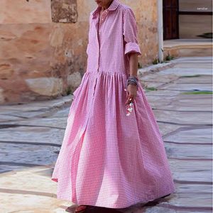 Casual Dresses Women's Clothes Robe Elegant Long Sleeve Loose Hem Female A-Line Dress Fashion Lattice Plaid Print Lapel Shirt