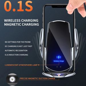 Suportes de montagens de telefone celular 15W Carregador sem fio de carro Magnético Suporte de montagem automática para carregamento rápido de indução infravermelha