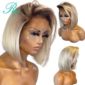 Syntetiska peruker 4t613 honung blond ombre 613 färg 150densitet spetsstängning peruk kort pixie bob klippa rak 13x4 främre mänskliga hår riya 231027