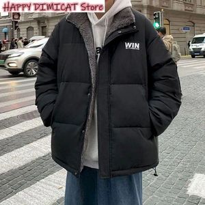 Men's Down Parkas Male Padded Coat Warm Jackets Harajuku Fleece Thicken Letter Graphic Men Winter Stand Collar Oversize Korean Style 231026