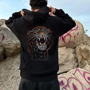 Herrtröjor lyxiga män lösa tröja svart tiger rhinestone hoody manlig casual varm komfortjacka rockar kvinnor pullover