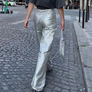 Kvinnors byxor S Metallic Shiny Denim Street Style High midja Disco Straight Leg Byxor för festdans Loose Long Bottoms 231027