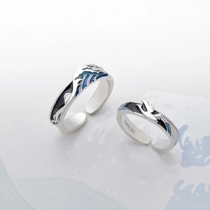 Bröllopsringar Thaya Flying Bird Wave Ring S925 Silver Blue Drop Oil 3D Wave Par Rings för kvinnor Eleganta irländska fina smycken Lovers'Gift 231027