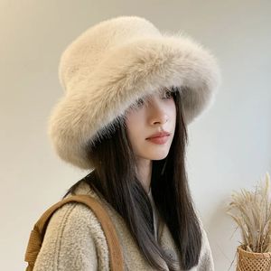 Ampla borda chapéus balde chapéu de inverno para mulheres faux pele fofo luxo pelúcia engrossar neve oversized macio panamá boné 231027