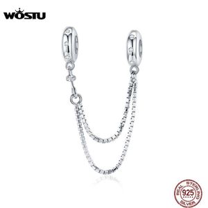 WOSTU 100％925 Sterling Silver Silicon Safety Chain Charm Fit Original Bracelet Pendant Zircon Silver Simple Jewelry CQC1419 Q0531276J