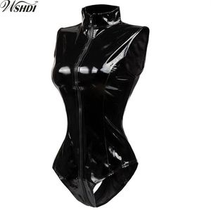 S-XXL Red Black Latex Wet Look Bodycon Catsuit Sexig faux läder Bodysuit dragkedja PVC Jumpsuit Cosplay Clubwear Dance Costume Y20042674