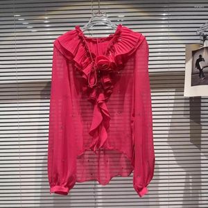 Blusas femininas de alta qualidade miçangas diamante plissado com decote em v chiffon rosa camisa branca feminina 2023 outono 3d flor lanterna manga topos
