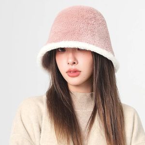 Wide Brim Hats Bucket Korean Bunny Fur Solid Color Plush Fluffy Fisherman Hat Winter Faux Knitted Wool Caps Outdoor Hiking Panama Cap 231027