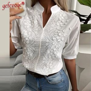 Blusas femininas camisas chique sólido oco-out decote em v blusa de renda padrões florais bordado decoração casual camisa feminina puff manga meia algodão tops 231026