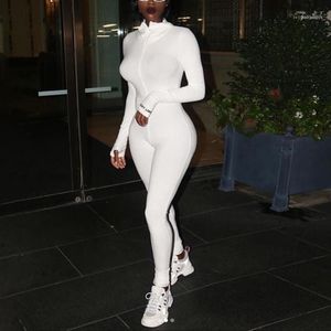 Weißer sexy figurbetonter Jumpsuit, schwarzer Langarm-Body, Damen-Reißverschluss, Rollkragenpullover, elegant, in voller Länge, Polyester11273s
