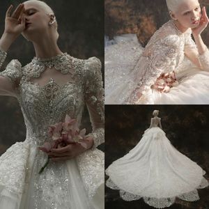 Crystals Fairy Luxury Ball Gown Wedding Dresses with Long Sleeves Vintage Royal Puff Chapel Train Bridal Gowns Tiered Romantic Princess Formal Wear Vestidos AL9626