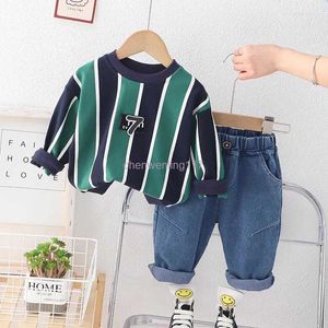 Conjuntos de roupas de luxo bebê menino roupas para crianças designer listrado pulôver manga comprida suéteres e jeans duas peças boutique infantil