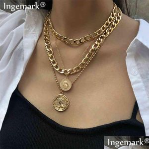 Correntes Ingemark Punk Miami Cuban Gargantilha Colar Colar Hip Hop Grande Grosso Chunky Chain Moda Rainha Moeda Pingente Colares W Dhgarden OT8YS