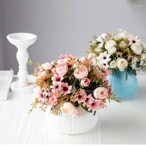 Flores decorativas outono falso chá rosa buquê de flores de seda margarida artificial para casamento casa decoração de natal diy acessórios artesanais