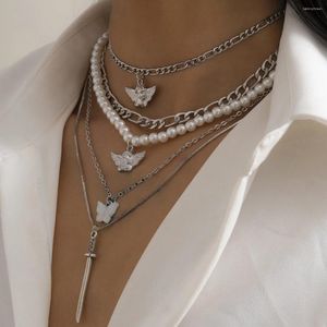 Kedjor 5 bit uppsättning imitation Pearl Chain Pendant Angel Butterfly Sword Multilayer Halsband Punk smycken Party Gift for Women