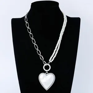 Hänghalsband Allyes Chunky Silver Color Big Heart Necklace Asymmetriska sömmar Pearl Metal Chain Choker Tröja krage