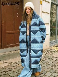 レディースジャケット女性ブループリント長い厚い綿のコートスタンドカラーシングル胸ポケット暖かいジャケット冬のファッション女性ストリートアウトウェアT231027