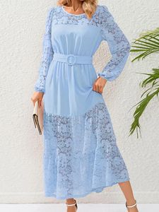 Casual Dresses Women spetsklänning Autumn Sexig Se genom Long FemaleFloral Print N Vintage Elegant Sleeve Pleated Robe Longue