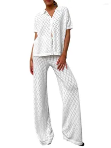 Kadın Pantolon Kadın Yaz 2 Parça Kıyafetler Ekose Kısa Kollu Düğme Aşağı Gömlek ve Yüksek Bel Geniş Bacak Seti Sokak Giyim