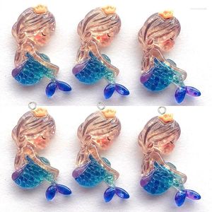 Charms 10pcs Blue Beauty Mermaid Girl Resin Anime Crown Sweet Earring Keychain Pendant Diy Crafts Embellish Jewelry Accessory