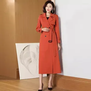 Damen Trenchcoats Frauen Orange-roter langer Mantel Frühling Herbst Mode lässig Umlegekragen Zweireiher Schnürmantel schlanker Mantel