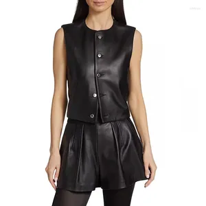 Women's Leather 2023 Autumn Sleeveless Vest Top Round Neck Peplum Short Jacket Shorts High Quality Suit