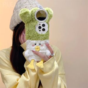 Cell Phone Cases Cute light chicken fluffy phone case suitable for iPhone 15 14 12 13 Pro Max 15 Pro 11 warm fur flip lens mirror protection phone case 231026