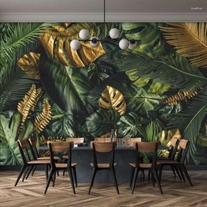 Tapeten Bacaz Benutzerdefinierte grüne und goldene BlätterTropische Wandtapete Schlafzimmer Wohnzimmer Wand Home Decor Art 3D Papel De Parede