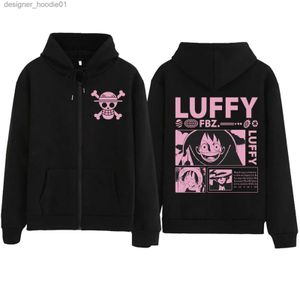 Herrtröjor tröjor 2023 Hot Anime One Piece Luffy dragkedja Hoodie Halloween Sweatshirt Harajuku Hip Hop Men Women Fans Present Plus Size Zipper Hoodie L231027