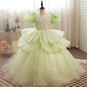 Flower Dress Shiny Lace Toddler Floor Length Bridesmaid For Girl Luxurious Crystals Ball Gown Tiers Tulle Lilttle Kids Birthday Pageant Weddding Gowns 403