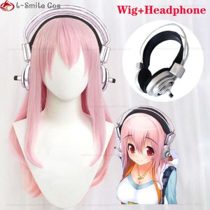 Catsuit Costumes 60cm Long Super Sonico Supersonico Pink Heat Resistant Synthetic Hair Anime Halloween Party Wigs with Toy Headset Headphone Prop