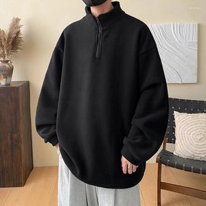 Hoodies masculinos 2023 outono inverno polar velo pullovers casual cor sólida meio zíper juventude solto grosso quente topo moletom