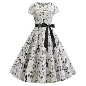 Casual Dresses Selling Foreign Trade Retro Women's Round Neck Sleeve Wrapped Note Printed Black Ribbon Large Swing Dress