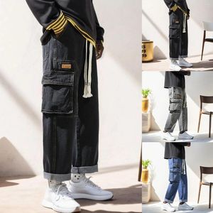 Men's Pants Casual Loose Hip Hop Straight Drawstring Denim Autumn And Winter Versatile Solid Color Multi Pockets Wide Leg Jeans