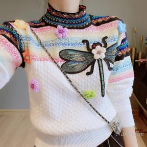 Women's Sweaters 2023 Spring Autumn Round Neck Long Sleeve Contrast Color Twist Sweater ThreeDimensional Flower Dragonfly Pull Femme 231026