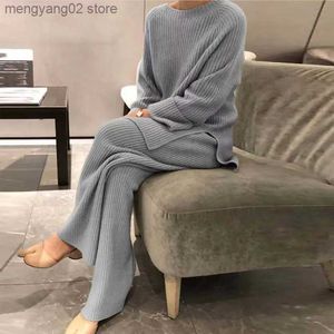 Women's Sleep Lounge Lady Home Suit Autumn Fashion Soft Casual O-Neck Pullover Tops+Knitted Pant New Homewear Pajama Winter Solid Women Two Piece Set T231027