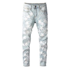 Новейшие мужские рваные светло-голубые джинсы, модные облегающие потертые мотоциклетные джинсовые брюки с дырками, хип-хоп, байкерские мужские рваные брюки P266N