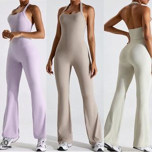 Active Sets S-XL 2023 Nylon Halter Flare Legging One Piece Jumpsuit Women Yoga Set Sports Workout Pant Gym Wear Backless Suit