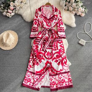 Casual Dresses Jamerary Autumn Fashion Red Blue and White Porcelain Print Long Dress Women hacked Single Breasted spetsficka Löst