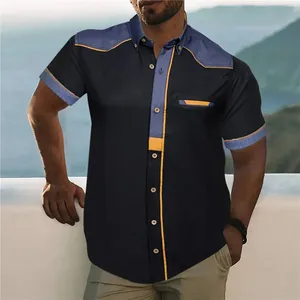 メンズカジュアルシャツファッションシャツポケットステッチデニム半袖ジャケットアート3Dデジタルプリントソリッドホリデー
