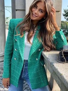 Ternos femininos elegantes verde tweed blazer jaqueta primavera outono alta rua duplo breasted bolsos senhora do escritório chique casual outerwear